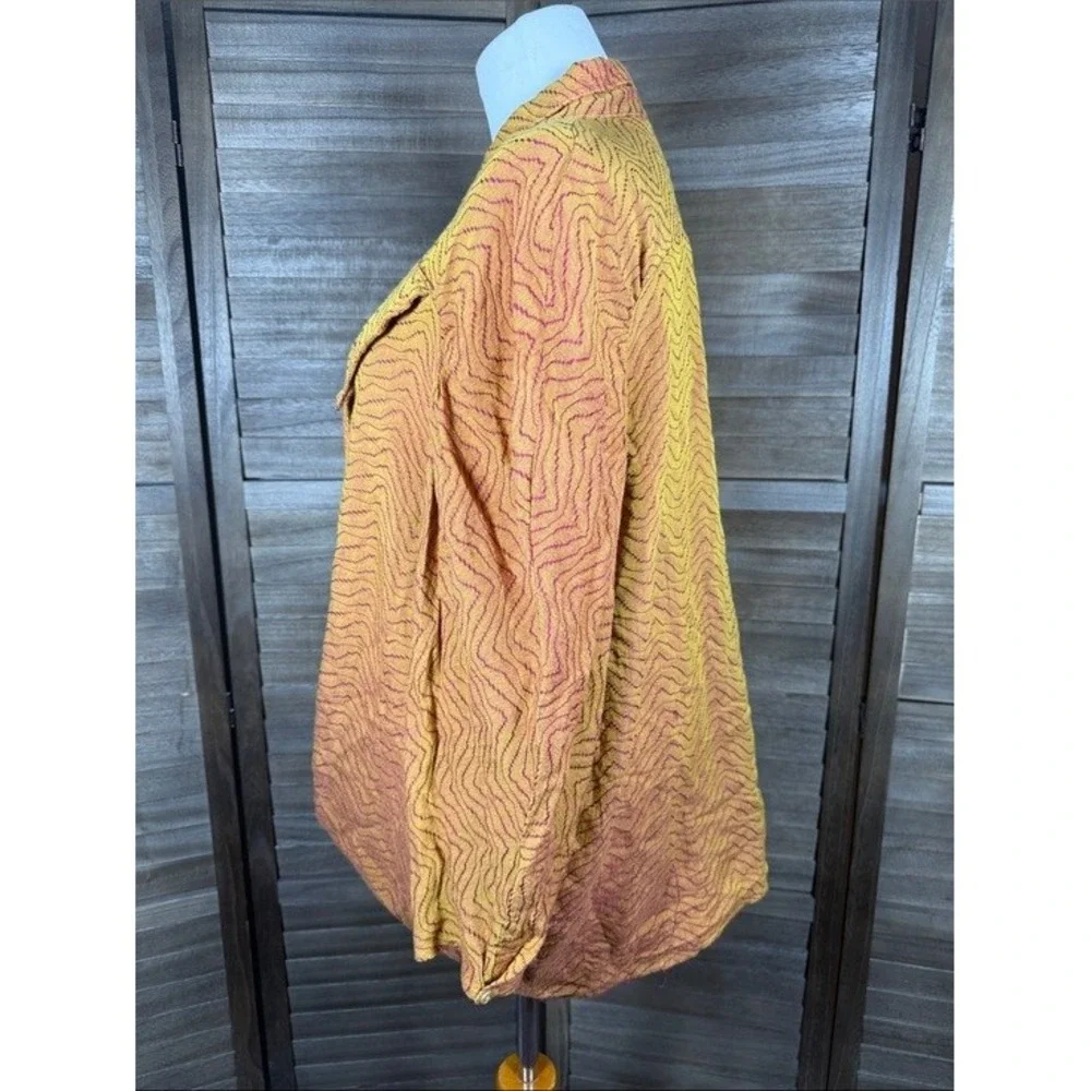 Vivanni Vintage Draped Front Button Down Blouse Orange Magenta‎ Wavy Textured L
